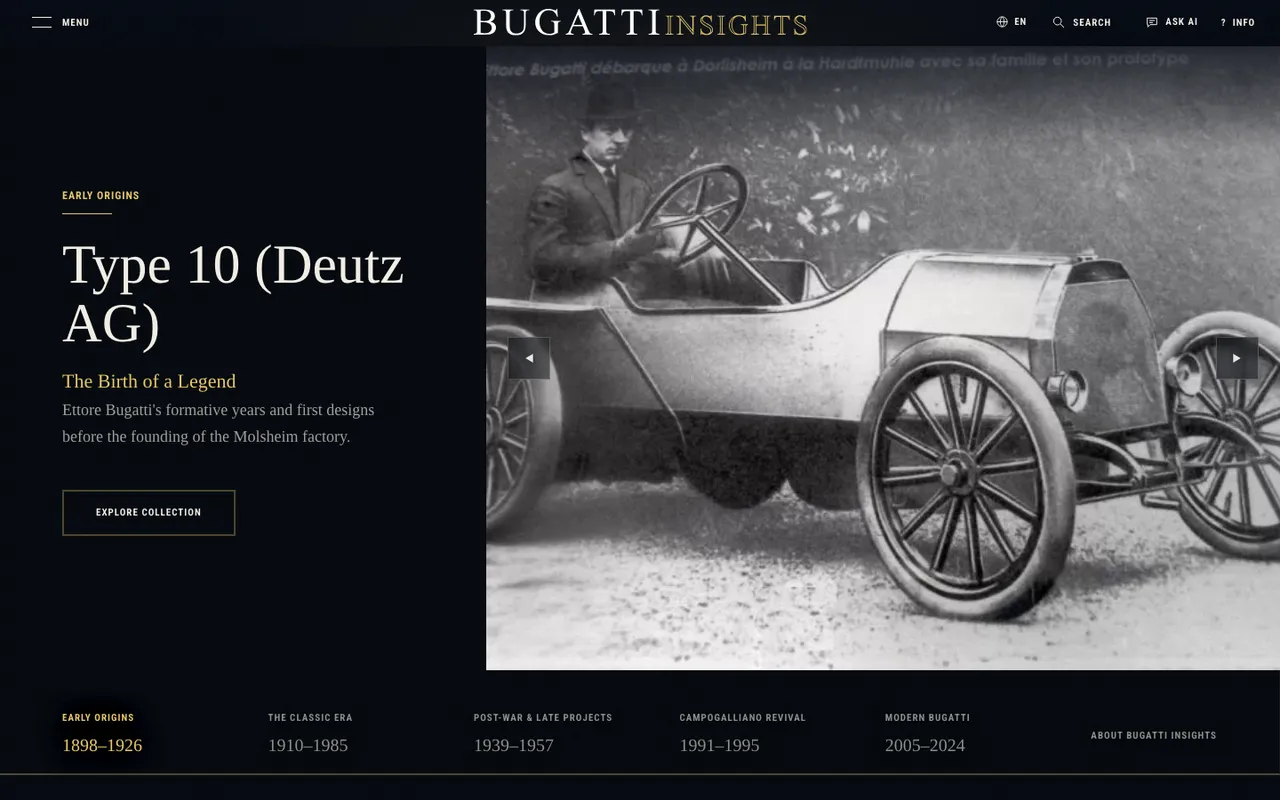 The live Bugatti Insights website showing a Type 1 Prinetti and Stucchi tricycle beside a timeline of eras